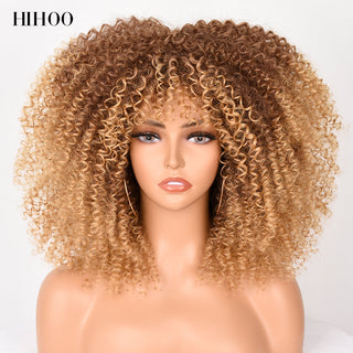 16''Short Hair Afro Kinky Curly Wig With Bangs For Black Women Cosplay Lolita Synthetic Natural Glueless Brown Mixed Blonde Wigs ALODIA STORE