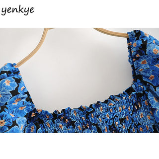 Vintage Blue Floral Print Dress Women Lantern Sleeve Square Neck A-line Dress Modern Female Holiday Summer Mini Chiffon Dress ALODIA STORE