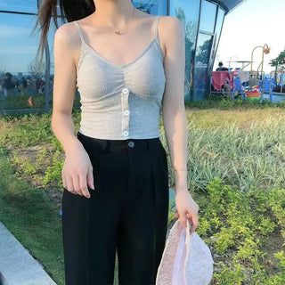 Women Camisole Fashion Wild Solid Color Sling Tank Top Summer New Button V-neck Cotton Vest With Removable Chest Pad ALODIA STORE