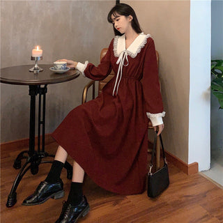 Vintage Dress Women Sweet Lace Peter Pan Collar French Elegant Long Sleeve Lace-Up Fairy One Piece Dress Korean 2021 Autumn Chic ALODIA STORE