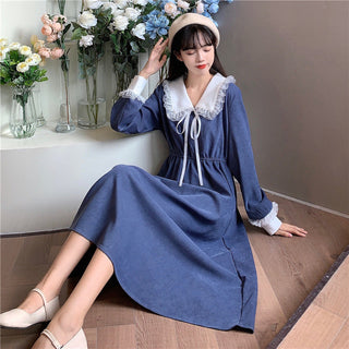Vintage Dress Women Sweet Lace Peter Pan Collar French Elegant Long Sleeve Lace-Up Fairy One Piece Dress Korean 2021 Autumn Chic ALODIA STORE