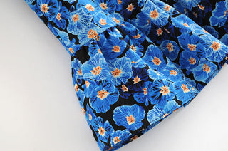 Vintage Blue Floral Print Dress Women Lantern Sleeve Square Neck A-line Dress Modern Female Holiday Summer Mini Chiffon Dress ALODIA STORE