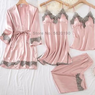 4PCS Satin Sleepwear Lady Pajamas Suit Nighty&amp;Robe Set Sexy Intimate Lingerie Casual Bridal Wedding Gift Homewear Nightgown ALODIA STORE