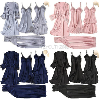5PCS Robe Suit Satin Women Nightwear Lace Kimono Gown Bridal Wedding Bathrobe Set Sexy Pajamas V-Neck Sleepwear Lounge Lingerie ALODIA STORE