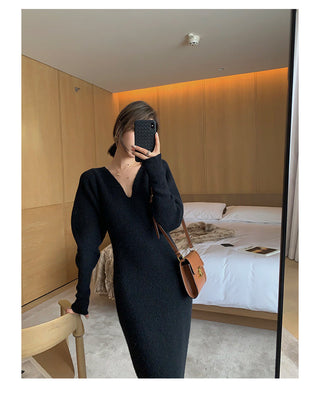 Elegant Long White Knitting Dress Women Winter V-Neck Long ALODIA STORE