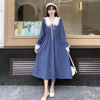 Vintage Dress Women Sweet Lace Peter Pan Collar French Elegant Long Sleeve Lace-Up Fairy One Piece Dress Korean 2021 Autumn Chic ALODIA STORE