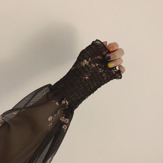 Sexy Black Dress Vintage Flower Long Puff Sleeve Chiffon Dresses ALODIA STORE