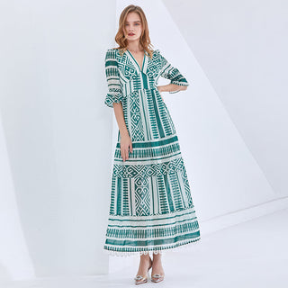 TWOTWINSTYLE Print Vintage Spring Dress For Women V Neck Half Sleeve High Waist Elegant Maxi Dresses Female Fashion New Clothes ALODIA STORE