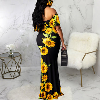 Sunflower Print Off Shoulder Maxi Dress Women Strapless Slash Neck Casual Long Dresses ALODIA STORE