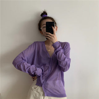 Cardigan Women Korean Long Sleeve Cardigan Summer Cropped Cardigan Knitted V-Neck Thin Ice Silk Sweaters Sunscreen Shirt Tops ALODIA STORE