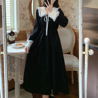 Vintage Dress Women Sweet Lace Peter Pan Collar French Elegant Long Sleeve Lace-Up Fairy One Piece Dress Korean 2021 Autumn Chic ALODIA STORE