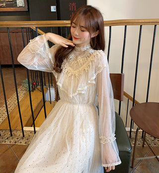2022 Brand New Women Romantic Tulle Dress Stand Collar Beading Tassels Ruffles Long Sleeve Mesh Dress Cute Mid Dress Vestidos ALODIA STORE