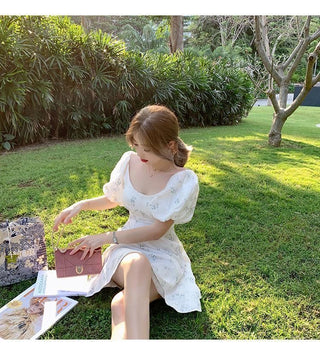 Summer Elegant Puff Sleeve French Floral Print Mini Dress Japan Style Kawaii Dress Women 2023 ALODIA STORE
