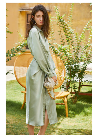 AEL lace up satin robe dress casual loose ladies Single breasted long shirt dress ALODIA STORE