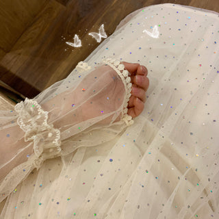 2022 Brand New Women Romantic Tulle Dress Stand Collar Beading Tassels Ruffles Long Sleeve Mesh Dress Cute Mid Dress Vestidos ALODIA STORE