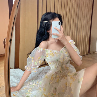 French Floral Dress Women Sexy Puff Sleeve Lace Chiffon Print Mini Dress Women Summer Korean Style Vintage Fairy Dress New 2023 ALODIA STORE