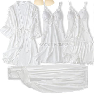 5PCS Robe Suit Satin Women Nightwear Lace Kimono Gown Bridal Wedding Bathrobe Set Sexy Pajamas V-Neck Sleepwear Lounge Lingerie ALODIA STORE