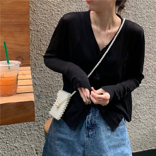 Cardigan Women Korean Long Sleeve Cardigan Summer Cropped Cardigan Knitted V-Neck Thin Ice Silk Sweaters Sunscreen Shirt Tops ALODIA STORE