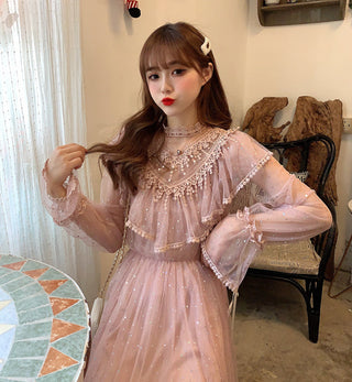 2022 Brand New Women Romantic Tulle Dress Stand Collar Beading Tassels Ruffles Long Sleeve Mesh Dress Cute Mid Dress Vestidos ALODIA STORE