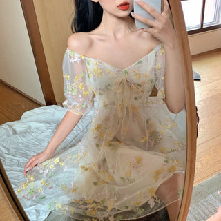 French Floral Dress Women Sexy Puff Sleeve Lace Chiffon Print Mini Dress Women Summer Korean Style Vintage Fairy Dress New 2023 ALODIA STORE