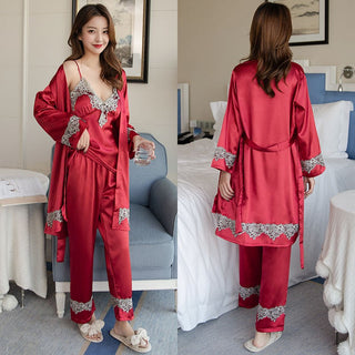 4PCS Satin Sleepwear Lady Pajamas Suit Nighty&amp;Robe Set Sexy Intimate Lingerie Casual Bridal Wedding Gift Homewear Nightgown ALODIA STORE