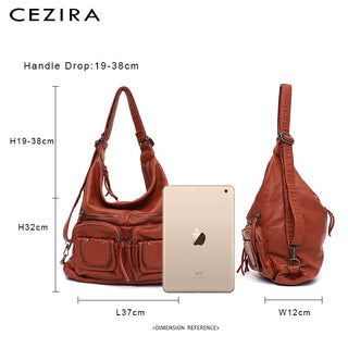 CEZIRA Large Soft Casual Women Bags Functional Girl School Backpack PU Leather Bag Ladies Multi Pockets Messenger&amp;Shoulder Bag ALODIA STORE