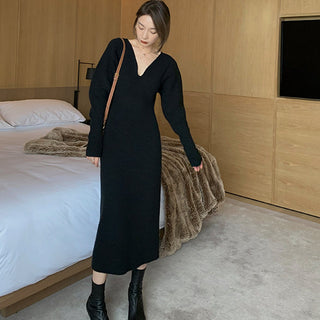 Elegant Long White Knitting Dress Women Winter V-Neck Long ALODIA STORE