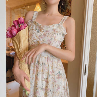 Spaghetti Strap Women French Elegant Vintage Floral Dress sweat ALODIA STORE