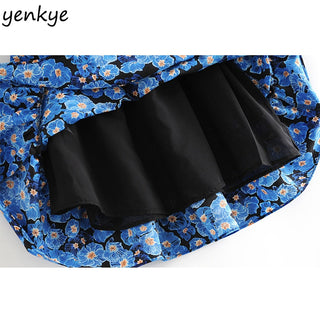 Vintage Blue Floral Print Dress Women Lantern Sleeve Square Neck A-line Dress Modern Female Holiday Summer Mini Chiffon Dress ALODIA STORE