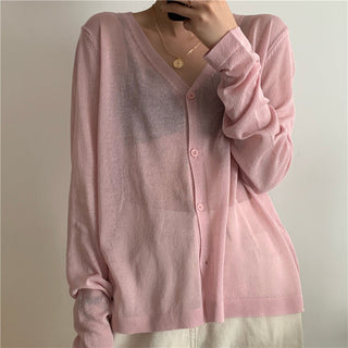 Cardigan Women Korean Long Sleeve Cardigan Summer Cropped Cardigan Knitted V-Neck Thin Ice Silk Sweaters Sunscreen Shirt Tops ALODIA STORE