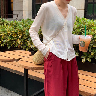 Cardigan Women Korean Long Sleeve Cardigan Summer Cropped Cardigan Knitted V-Neck Thin Ice Silk Sweaters Sunscreen Shirt Tops ALODIA STORE