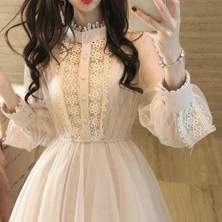 2022 Brand New Women Romantic Tulle Dress Stand Collar Beading Tassels Ruffles Long Sleeve Mesh Dress Cute Mid Dress Vestidos ALODIA STORE