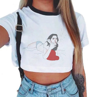 2020 New Summer Sexy Girls Printing Fashion Harajuku Sexy Tank Crop Top Mujer White Tops Clothes Women Croptop Short Sleeve ALODIA STORE