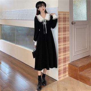 Vintage Dress Women Sweet Lace Peter Pan Collar French Elegant Long Sleeve Lace-Up Fairy One Piece Dress Korean 2021 Autumn Chic ALODIA STORE