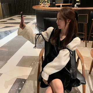 Vintage Mini Dress Lolita Women 2023 Autumn Lace Bow Velvet Evening Party Dress Female Y2k Casual Kawaii One Piece Dress Korean ALODIA STORE