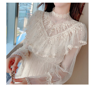 2022 Brand New Women Romantic Tulle Dress Stand Collar Beading Tassels Ruffles Long Sleeve Mesh Dress Cute Mid Dress Vestidos ALODIA STORE