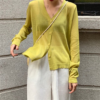 Cardigan Women Korean Long Sleeve Cardigan Summer Cropped Cardigan Knitted V-Neck Thin Ice Silk Sweaters Sunscreen Shirt Tops ALODIA STORE