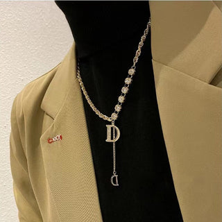 Design Sense Micro Setting Zircon D Letter Pendant Long Necklace Winter Sweater Chain Fashion Jewelry For Woman Girls Party Gift ALODIA STORE