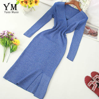 YuooMuoo Ins Fashion Shining V Neck Knitted Dress Women ALODIA STORE