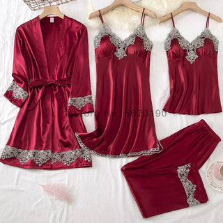 4PCS Satin Sleepwear Lady Pajamas Suit Nighty&amp;Robe Set Sexy Intimate Lingerie Casual Bridal Wedding Gift Homewear Nightgown ALODIA STORE
