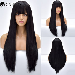 Blonde Ombre Long Straight Gold Synthetic Wig With Bangs For Black White Women Heat Resistant Fiber Daily Hair Cosplay Wigs ALODIA STORE