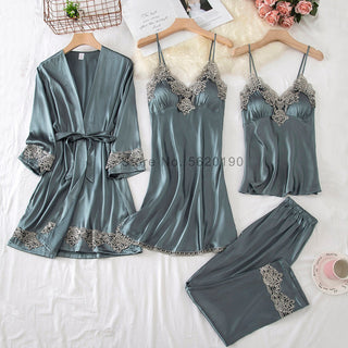 4PCS Satin Sleepwear Lady Pajamas Suit Nighty&amp;Robe Set Sexy Intimate Lingerie Casual Bridal Wedding Gift Homewear Nightgown ALODIA STORE