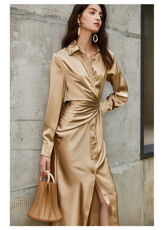 AEL lace up satin robe dress casual loose ladies Single breasted long shirt dress ALODIA STORE