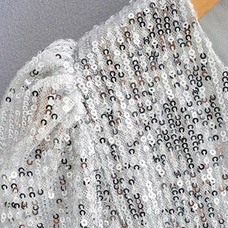 Elegant Women Sequined Tops 2021 Spring Fashion Ladies Vintage Silver Top Party Female Sexy V-Neck Tops Femme Girls Chic Clothes ALODIA STORE