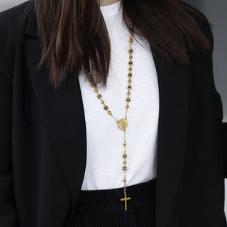 Davieslee Womens Men's Necklace Stainless Steel Chain Bead Rosary Long Necklace Jesus Christ Cross Prayer Jewelry DLKN434 ALODIA STORE