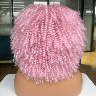 Short Afro Kinky Curly Wig With Bangs For Black Women Cosplay Lolita Natural Hair Ombre Mixed Brown Synthetic African Wigs ALODIA STORE