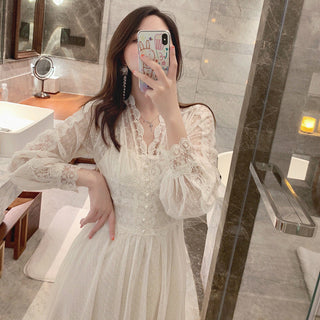 2022 Brand New Women Romantic Tulle Dress Stand Collar Beading Tassels Ruffles Long Sleeve Mesh Dress Cute Mid Dress Vestidos ALODIA STORE
