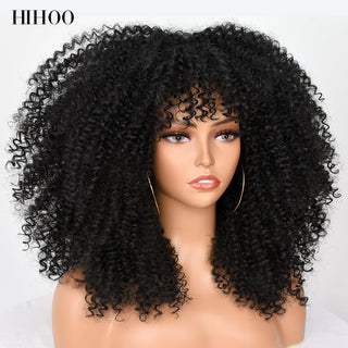 16''Short Hair Afro Kinky Curly Wig With Bangs For Black Women Cosplay Lolita Synthetic Natural Glueless Brown Mixed Blonde Wigs ALODIA STORE