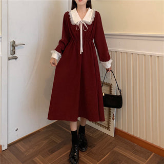Vintage Dress Women Sweet Lace Peter Pan Collar French Elegant Long Sleeve Lace-Up Fairy One Piece Dress Korean 2021 Autumn Chic ALODIA STORE