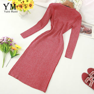 YuooMuoo Ins Fashion Shining V Neck Knitted Dress Women ALODIA STORE